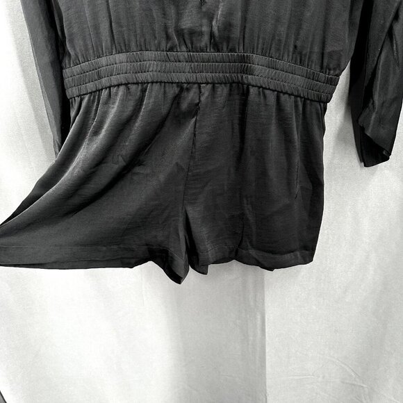 BCBG Maxazria Romper Women M Black Satin Button Long Sleeve Gothcore Evening - Picture 6 of 11
